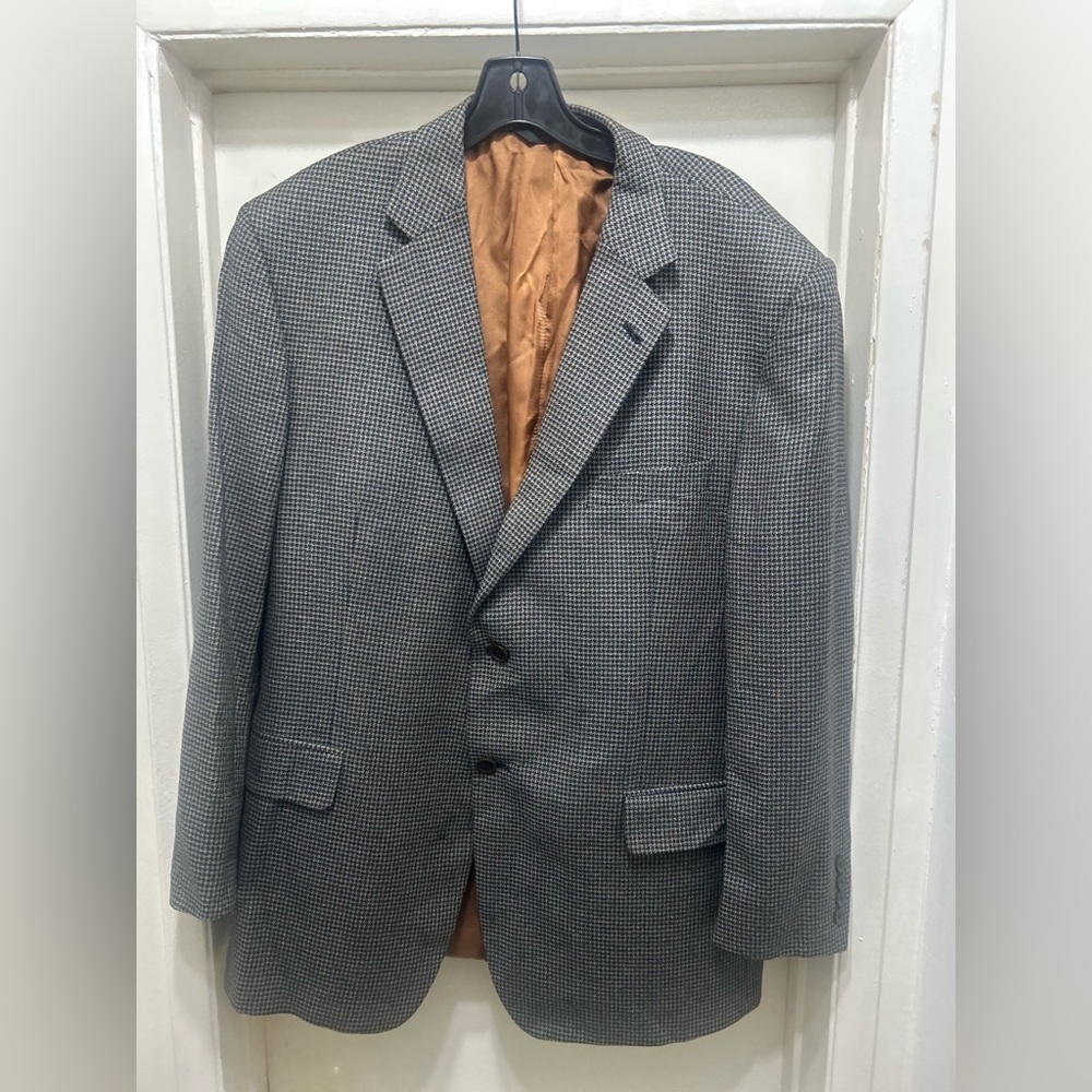 Joseph A Bank Mens Sport Coat Jacket Blazer 46R Brown Houndstooth Silk Wool